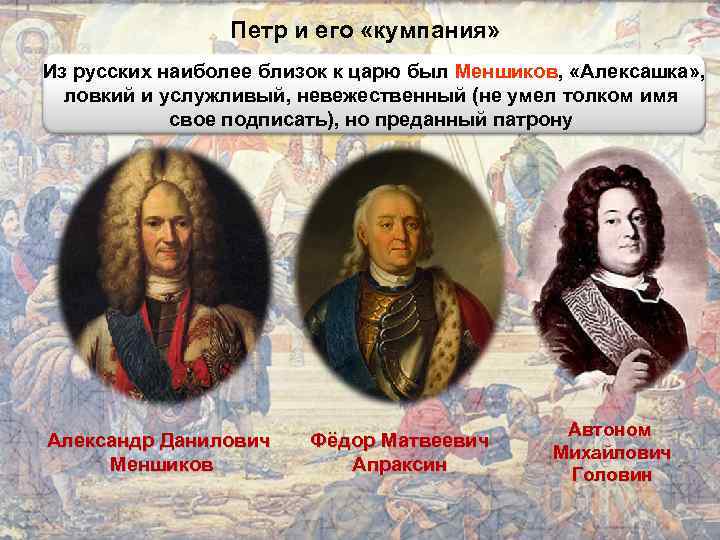 Петр и его «кумпания» Из русских наиболее близок к царю был Меншиков, «Алексашка» ,