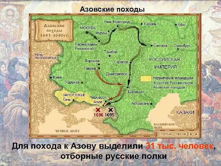 Азовские походы Для похода к Азову выделили 31 тыс. человек, отборные русские полки 