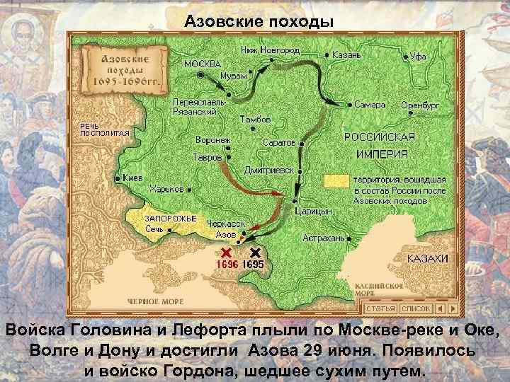 Азовские походы Войска Головина и Лефорта плыли по Москве-реке и Оке, Волге и Дону