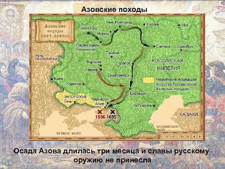 Азовские походы Осада Азова длилась три месяца и славы русскому оружию не принесла 