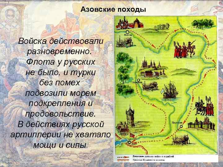 Азовские походы Войска действовали разновременно. Флота у русских не было, и турки без помех