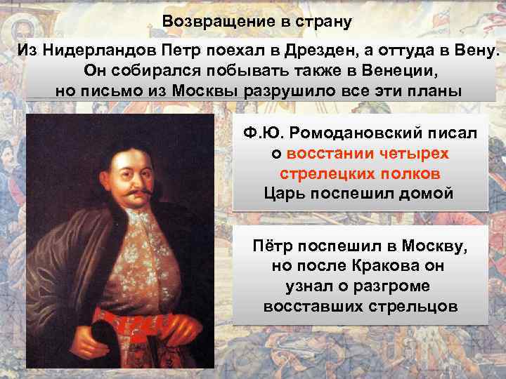 Возвращение в страну Из Нидерландов Петр поехал в Дрезден, а оттуда в Вену. Он