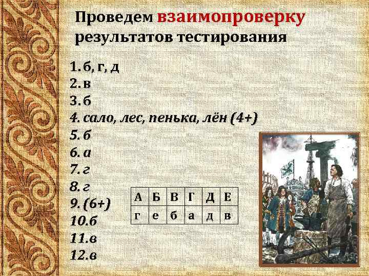 Проведем взаимопроверку результатов тестирования 1. б, г, д 2. в 3. б 4. сало,