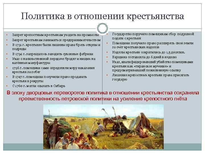 Политика в отношении крестьянства Запрет крепостным крестьянам уходить на промыслы Запрет крестьянам заниматься предпринимательством
