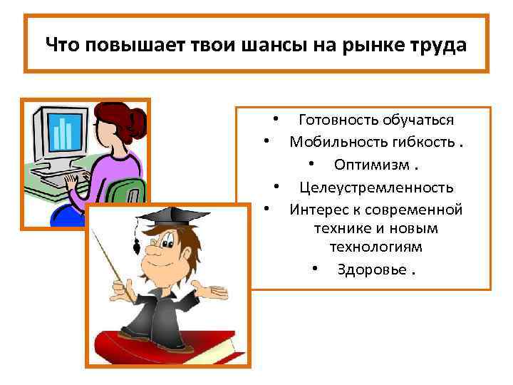 Что повышает твои шансы на рынке труда Готовность обучаться • Мобильность гибкость. • Оптимизм.