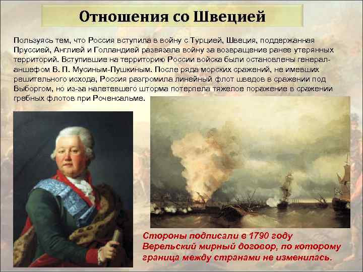 Отношения со Швецией Пользуясь тем, что Россия вступила в войну с Турцией, Швеция, поддержанная