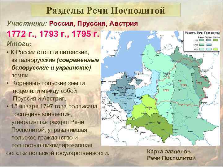 Разделы Речи Посполитой Участники: Россия, Пруссия, Австрия 1772 г. , 1793 г. , 1795