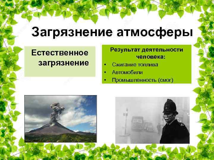 Загрязнение атмосферы Естественное загрязнение Результат деятельности человека: • • • Сжигание топлива Автомобили Промышленность