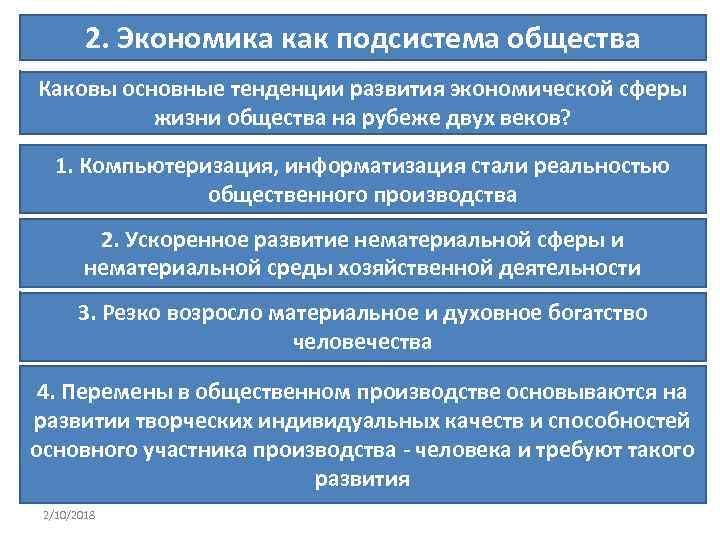 2. Экономика как подсистема общества Каковы основные тенденции развития экономической сферы жизни общества на