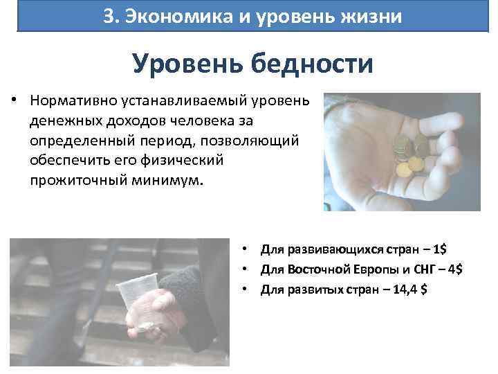 3. Экономика и уровень жизни Уровень бедности • Нормативно устанавливаемый уровень денежных доходов человека