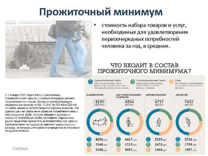 Прожиточный минимум • стоимость набора товаров и услуг, необходимых для удовлетворения первоочередных потребностей человека