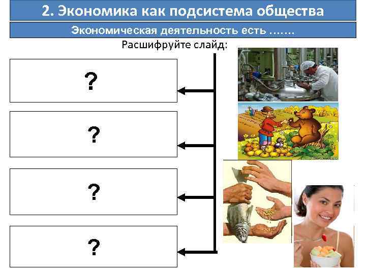 2. Экономика как подсистема общества Экономическая деятельность есть ……. Расшифруйте слайд: ? ? ?