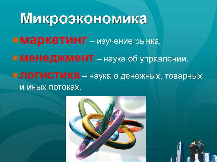 Микроэкономика ●маркетинг – изучение рынка. ● менеджмент – наука об управлении. ● логистика –