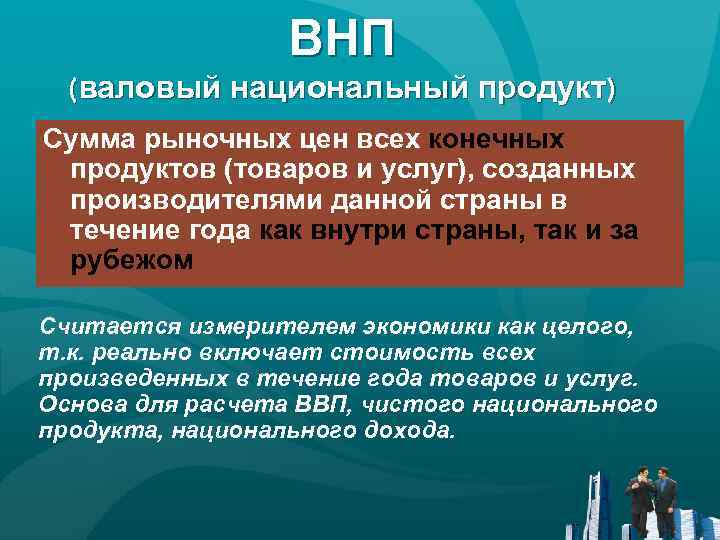 ВНП (валовый национальный продукт) Сумма рыночных цен всех конечных продуктов (товаров и услуг), созданных