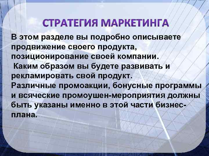 В этом разделе вы подробно описываете продвижение своего продукта, позиционирование своей компании. Каким образом