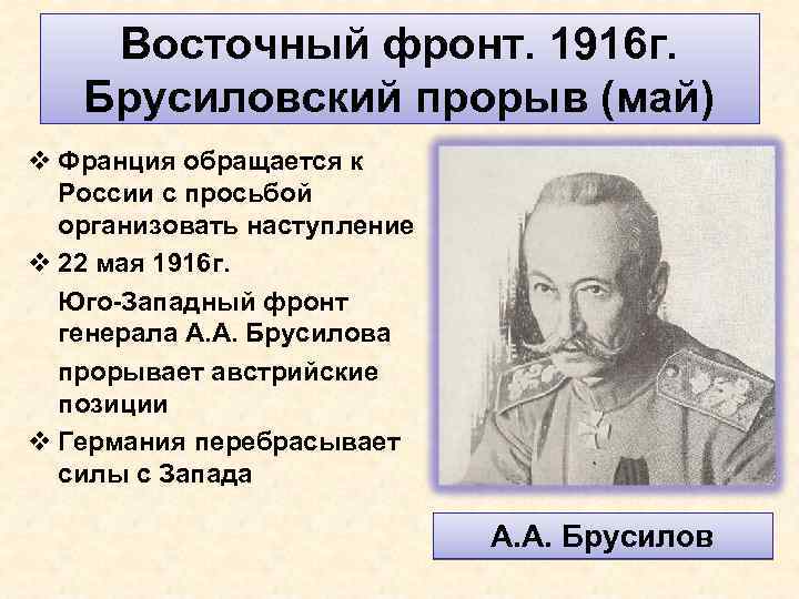 Восточный фронт. 1916 г. Брусиловский прорыв (май) v Франция обращается к России с просьбой