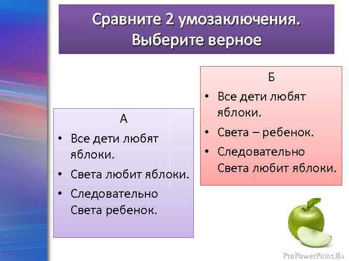 Сравните 2 умозаключения. Выберите верное А • Все дети любят яблоки. • Света любит