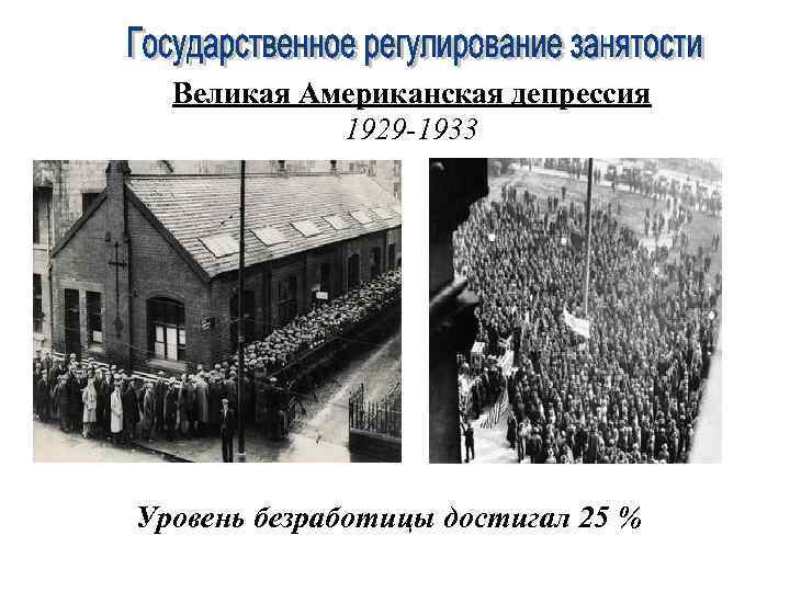 Великая Американская депрессия 1929 -1933 Уровень безработицы достигал 25 % 