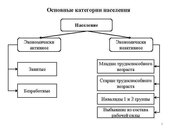 Основные категории населения Население Экономически активное Занятые Безработные Экономически неактивное Младше трудоспособного возраста Старше