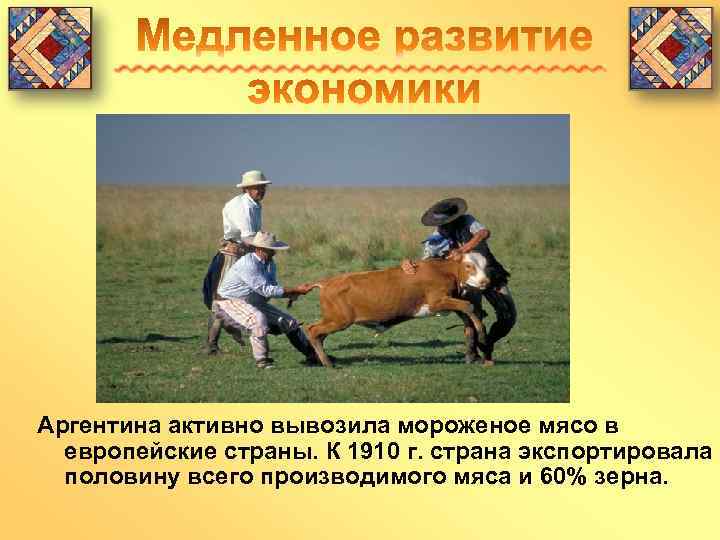 Аргентина активно вывозила мороженое мясо в европейские страны. К 1910 г. страна экспортировала половину