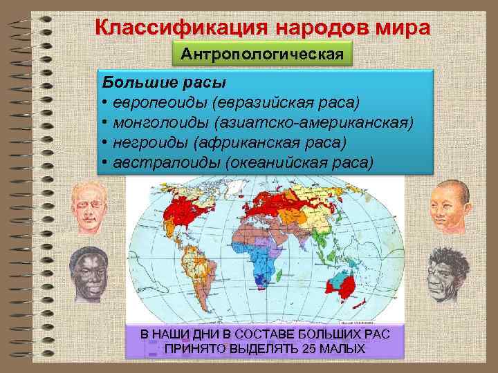 Классификация народов мира Антропологическая Большие расы • европеоиды (евразийская раса) • монголоиды (азиатско американская)