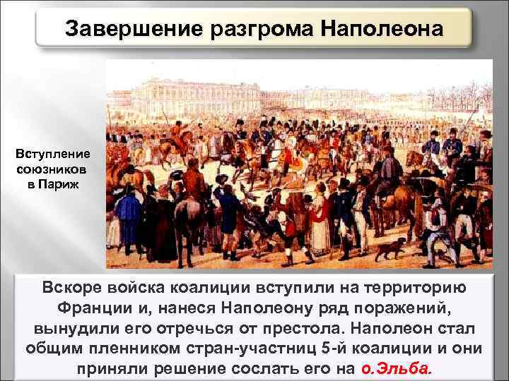 Завершение разгрома Наполеона Вступление союзников в Париж Вскоре войска коалиции вступили на территорию Франции