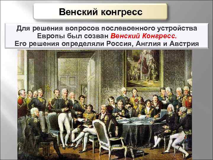 Венский конгресс Для решения вопросов послевоенного устройства Европы был созван Венский Конгресс. Его решения