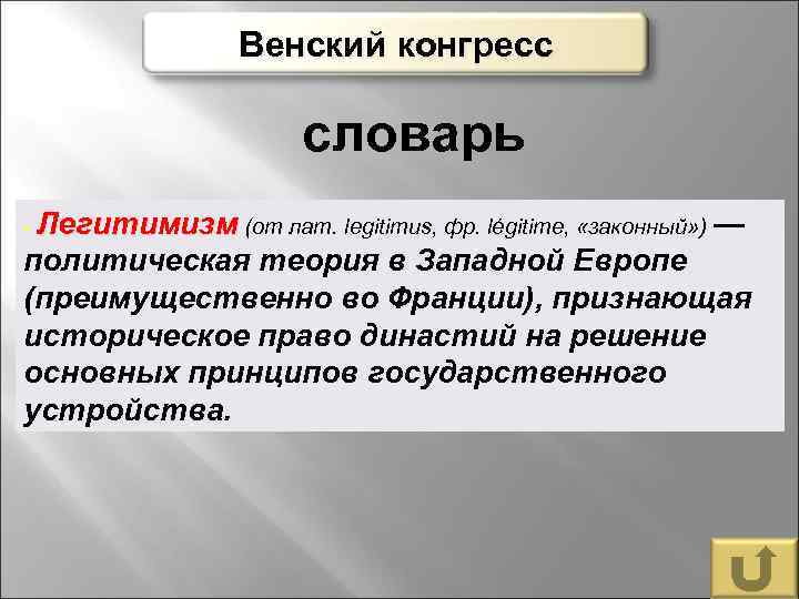 Венский конгресс словарь - Легитимизм (от лат. legitimus, фр. légitime, «законный» ) — политическая