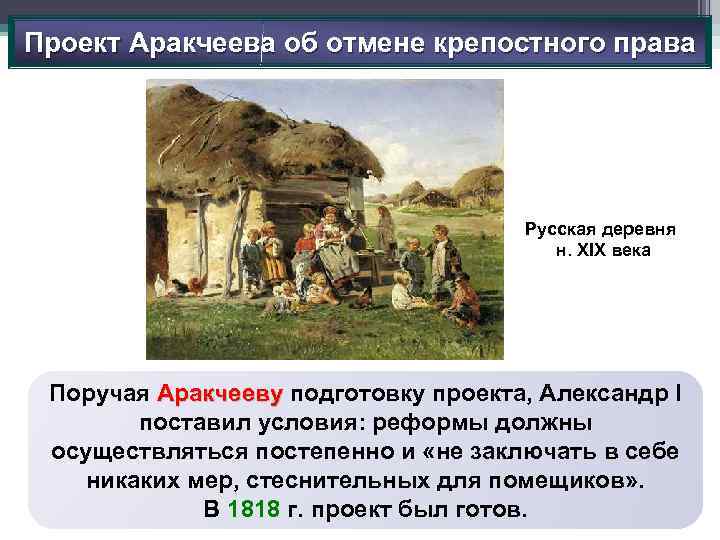 Проект Аракчеева об отмене крепостного права Русская деревня н. XIX века Поручая Аракчееву подготовку