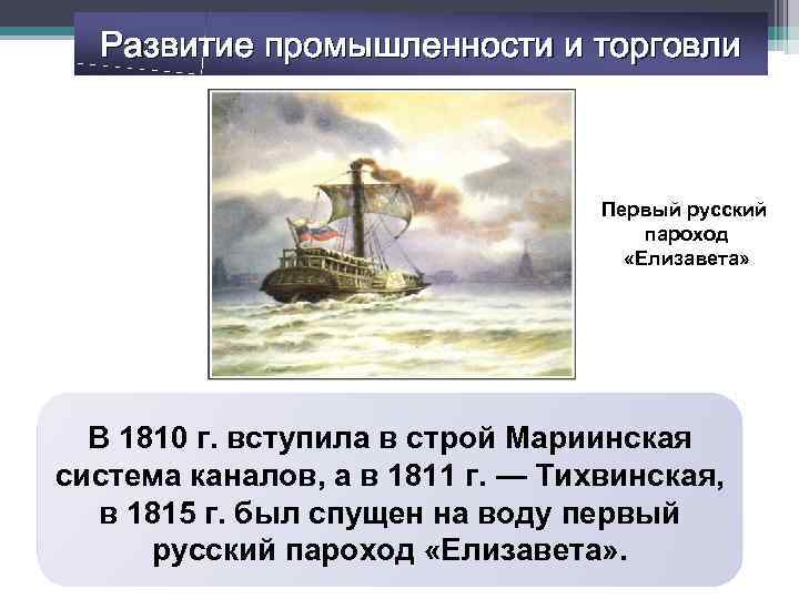 Развитие промышленности и торговли Первый русский пароход «Елизавета» Потребности растущего внутреннего рынка В 1810