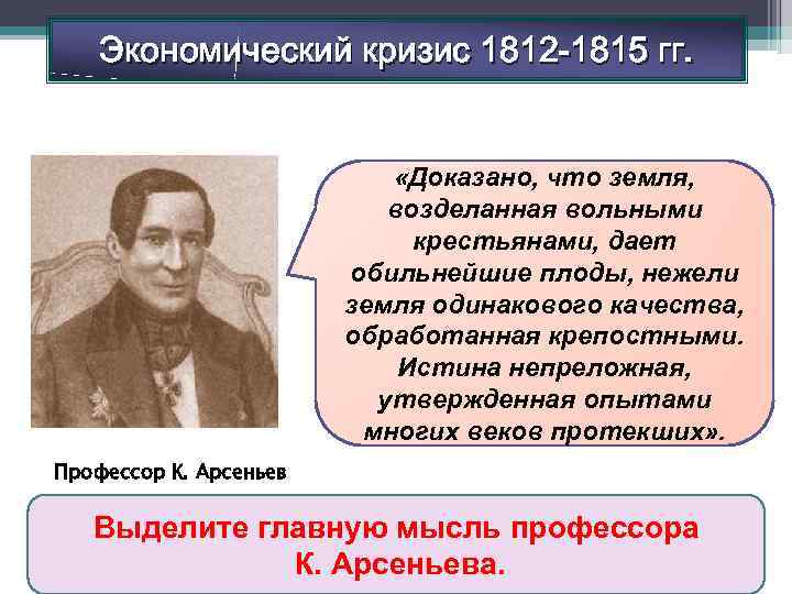Экономический кризис 1812 -1815 гг. «Доказано, что земля, возделанная вольными крестьянами, дает обильнейшие плоды,