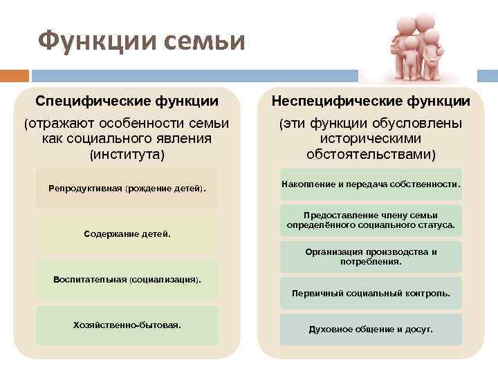 Функции семьи Специфические функции Неспецифические функции (отражают особенности семьи как социального явления (института) (эти