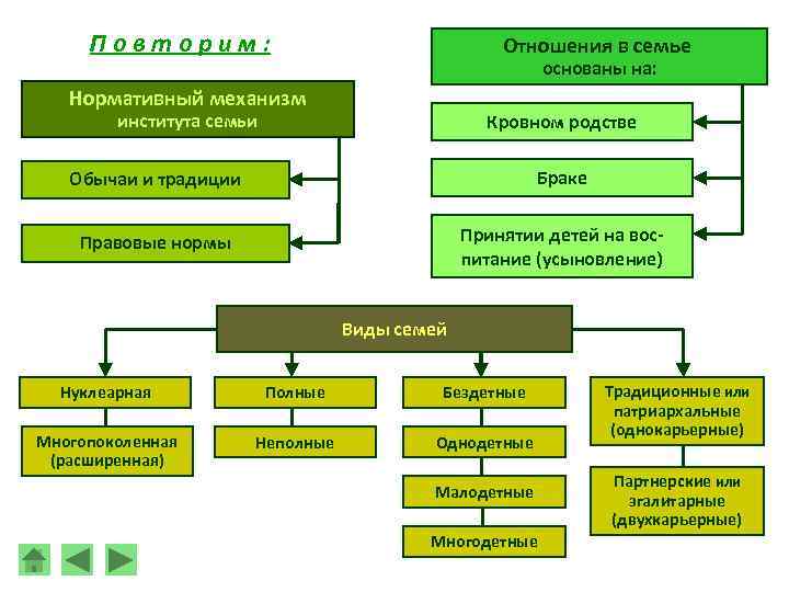 Повторим: Отношения в семье основаны на: Нормативный механизм института семьи Кровном родстве Обычаи и