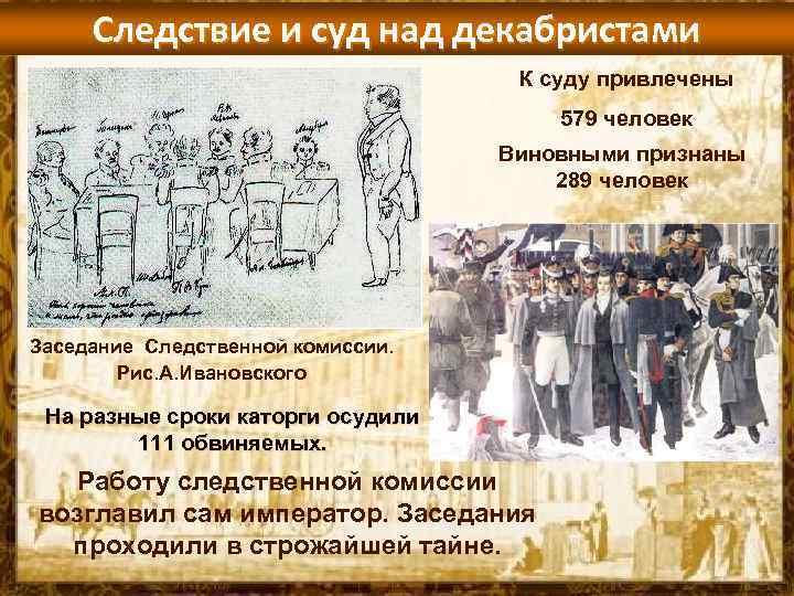 Следствие и суд над декабристами К суду привлечены 579 человек Виновными признаны 289 человек