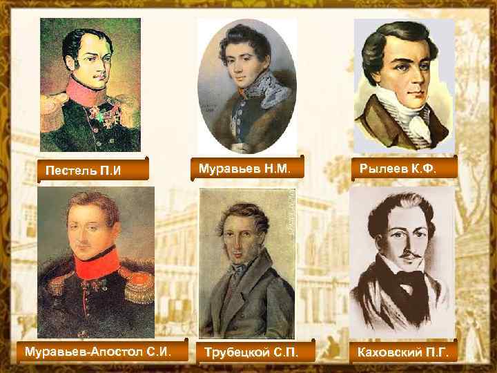 Пестель П. И Муравьев-Апостол С. И. Муравьев Н. М. Трубецкой С. П. Рылеев К.