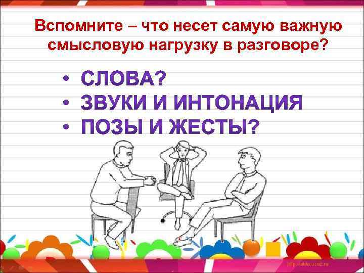 Вспомните – что несет самую важную смысловую нагрузку в разговоре? 