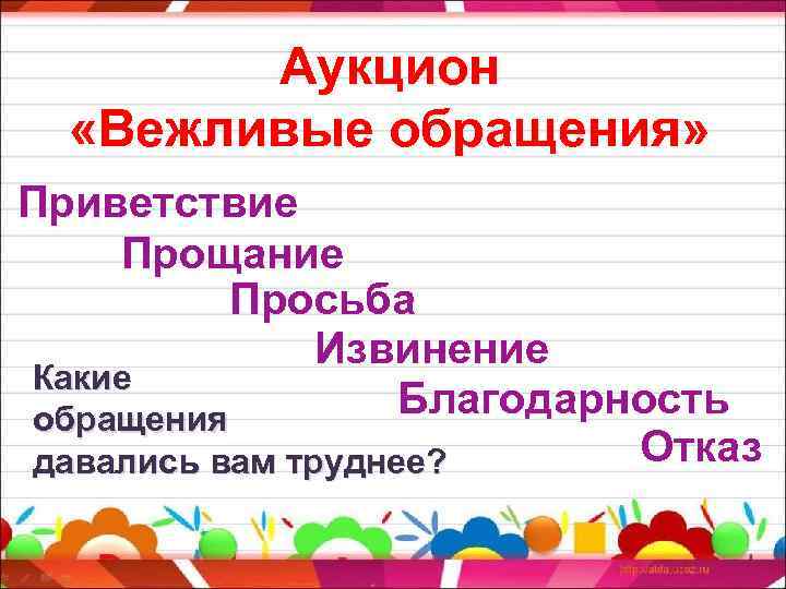 Аукцион «Вежливые обращения» Приветствие Прощание Просьба Извинение Какие Благодарность обращения Отказ давались вам труднее?