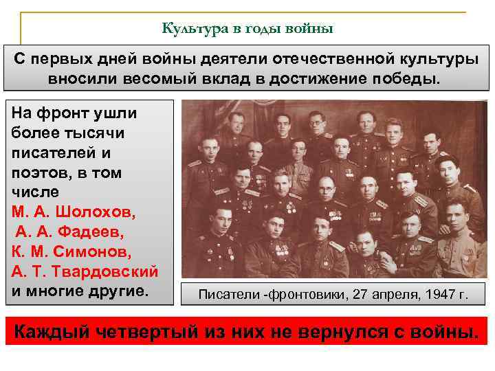 Культура в годы войны С первых дней войны деятели отечественной культуры вносили весомый вклад