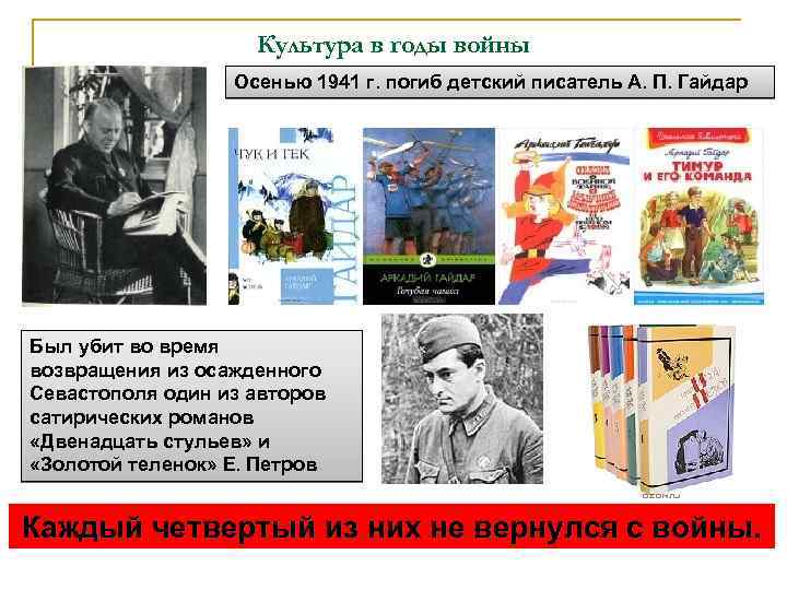 Культура в годы войны Осенью 1941 г. погиб детский писатель А. П. Гайдар Был