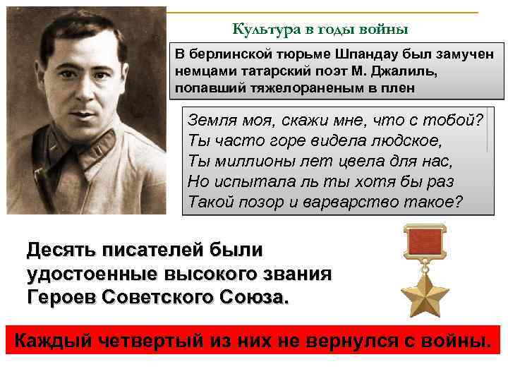 Культура в годы войны В берлинской тюрьме Шпандау был замучен немцами татарский поэт М.