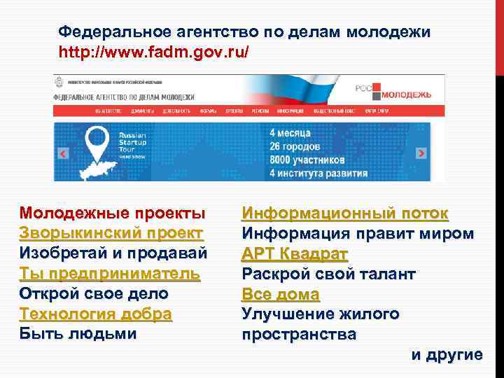 Федеральное агентство по делам молодежи http: //www. fadm. gov. ru/ Молодежные проекты Зворыкинский проект