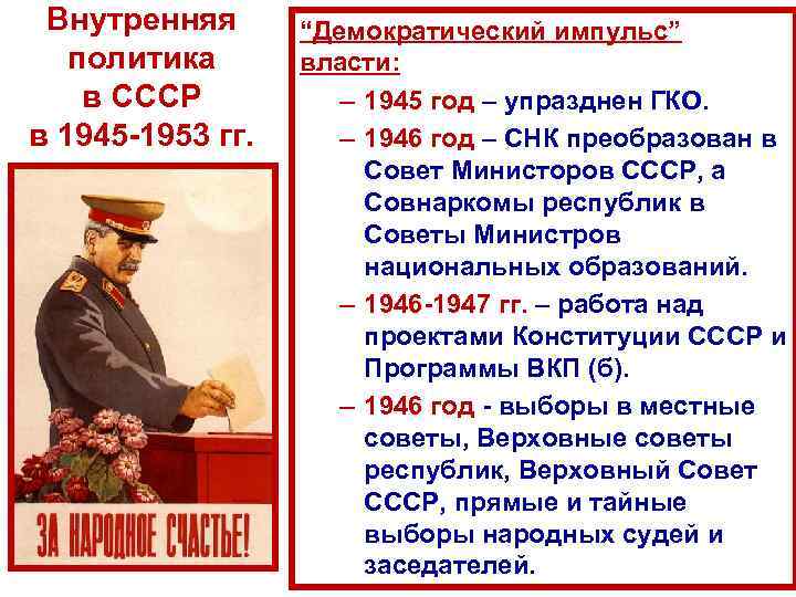 Внутренняя политика в СССР в 1945 -1953 гг. “Демократический импульс” власти: – 1945 год