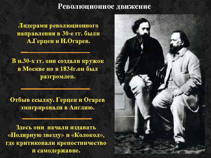 Лидеры движения. Герцен и Огарев революционное движение в России. Лидеры движения революционеров. Направления революционного движения. Представление о прошлом России революционного направления.