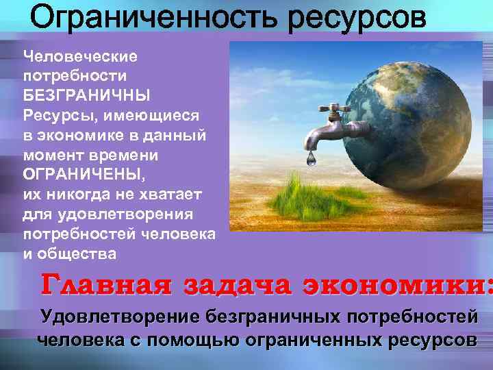Ограниченность ресурсов Человеческие потребности БЕЗГРАНИЧНЫ Ресурсы, имеющиеся в экономике в данный момент времени ОГРАНИЧЕНЫ,