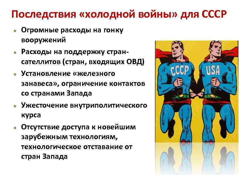 Последствия «холодной войны» для СССР Огромные расходы на гонку вооружений Расходы на поддержку странсателлитов
