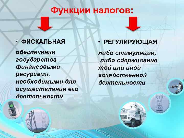 Функции налогов: • ФИСКАЛЬНАЯ • РЕГУЛИРУЮЩАЯ обеспечение государства финансовыми ресурсами, необходимыми для осуществления его