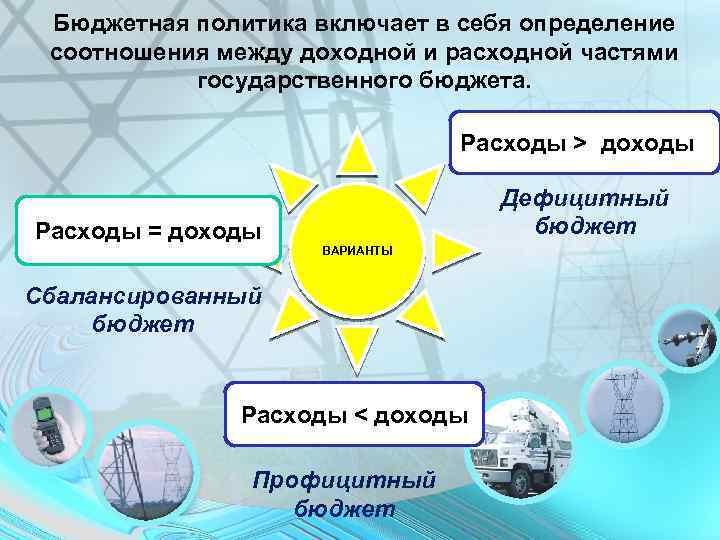 Бюджетная политика включает в себя определение соотношения между доходной и расходной частями государственного бюджета.