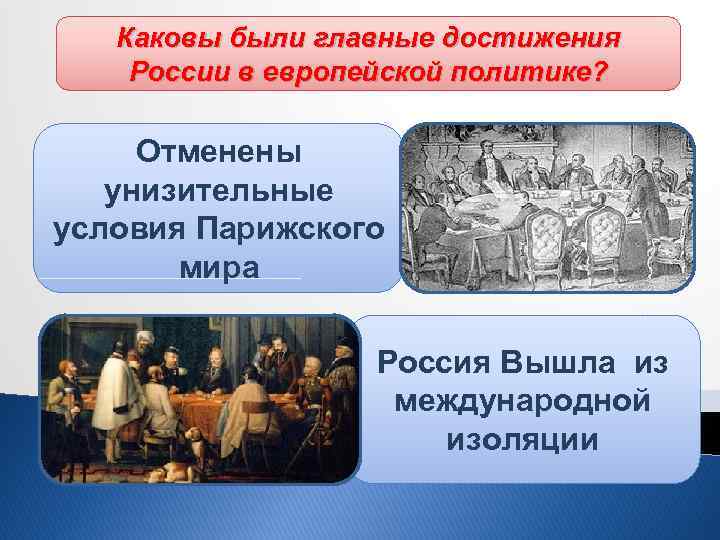Каковы были главные достижения России в европейской политике? Отменены унизительные условия Парижского мира Россия