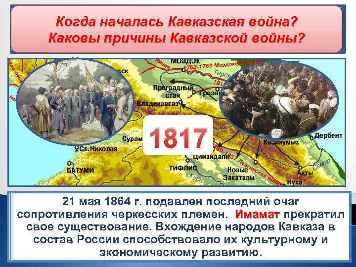 Завершение процесса территориального Когда началась Кавказская война? формирования Российской империи. Завершение Каковы причины Кавказской