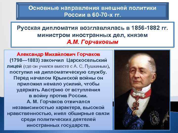 Основные направления внешней политики России в 60 -70 -х гг. Русская дипломатия возглавлялась в